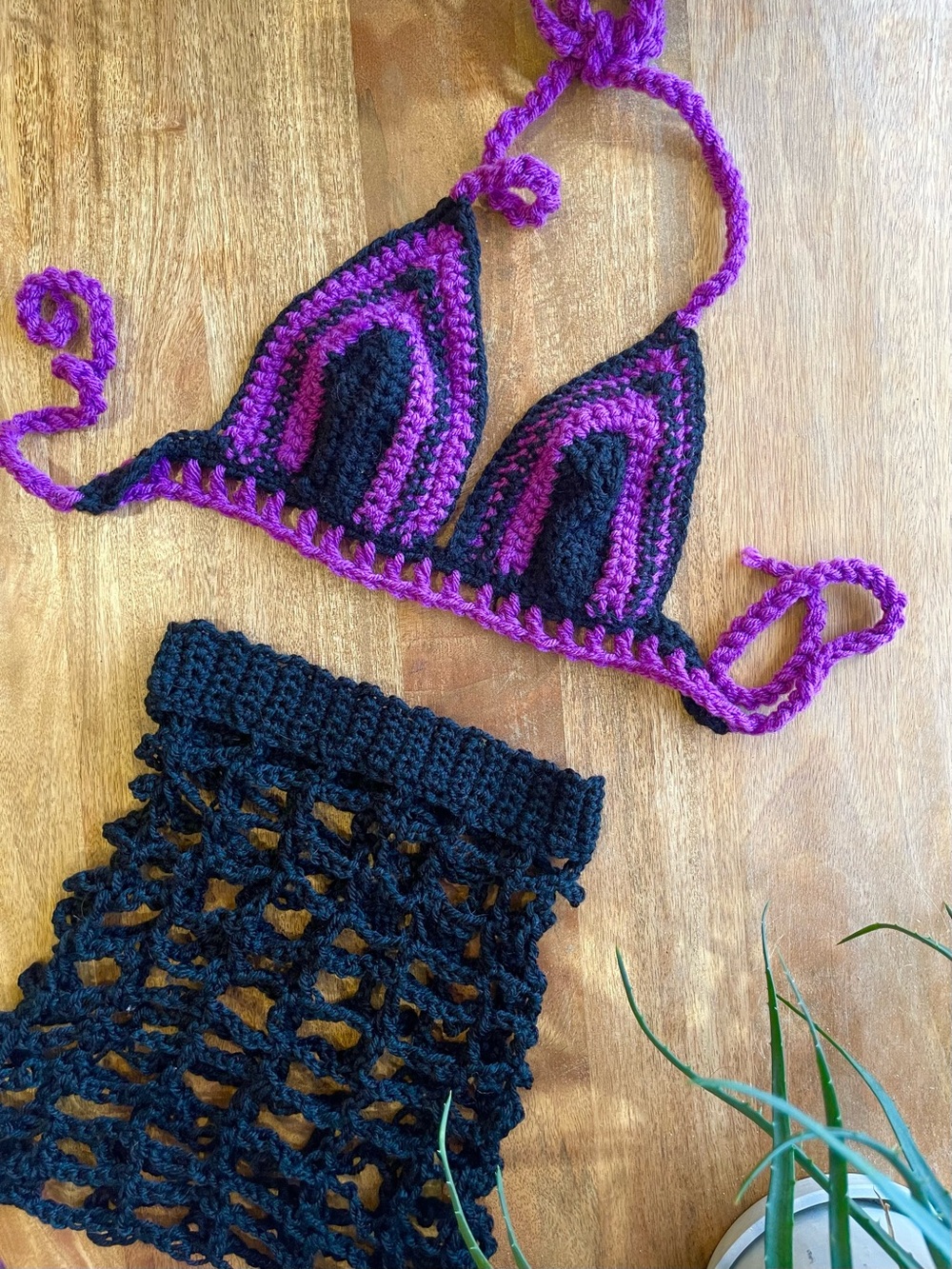 Hand-Crocheted Black | Purple Triangle Bikini Top | Gothic Festival Bikini Top |